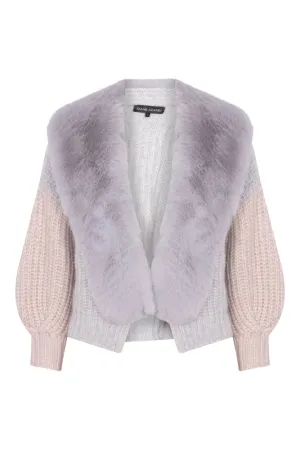 Dual Tone Faux Collar Cardigan in Fog and Sand