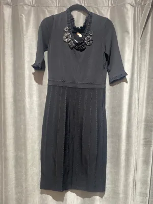 FENDI Black Short Sleeve V Neck Stretch Knit Flare Bottom Dress with Black Leather Flowers