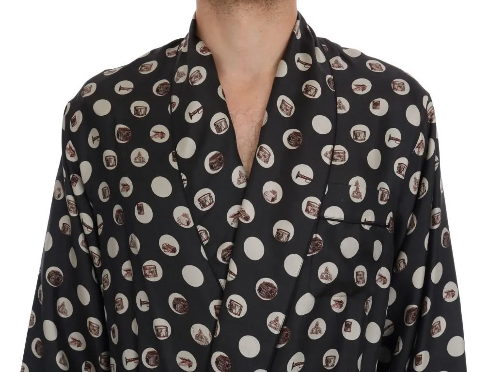 Gray Instrument Print Silk Robe