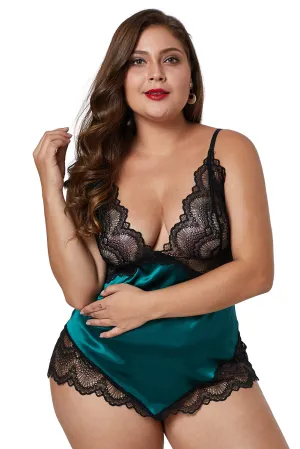 Green Lace Cups Silky Satin Plus Size Chemise