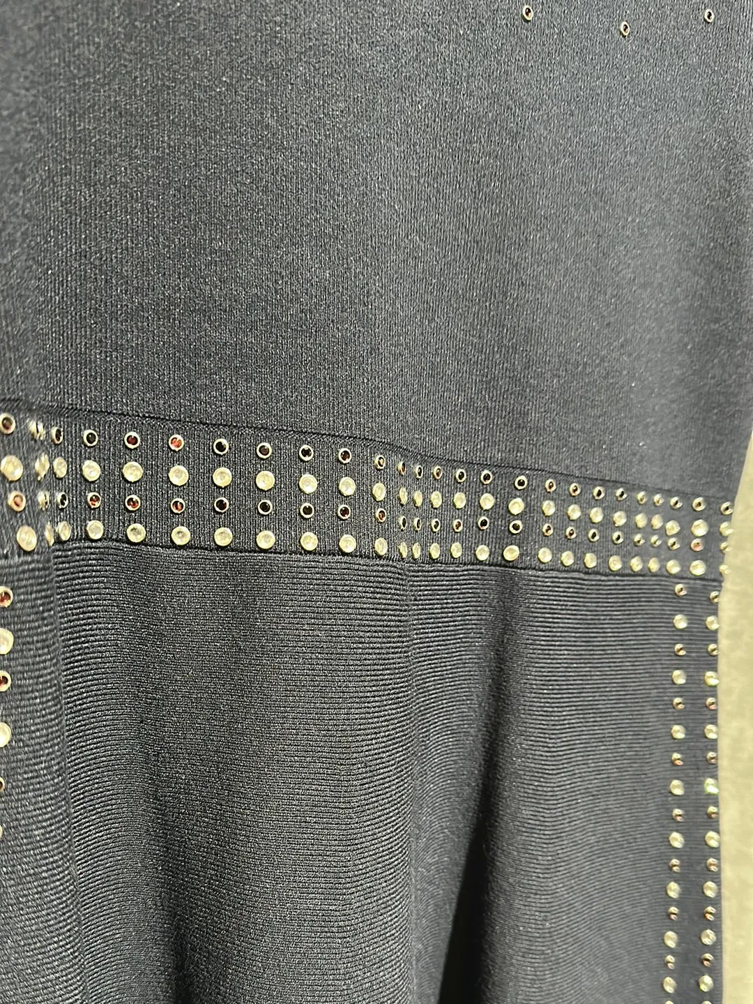Sandro Navy Short Sleeve Mock Neck Studded Stretch Knit A line Dress