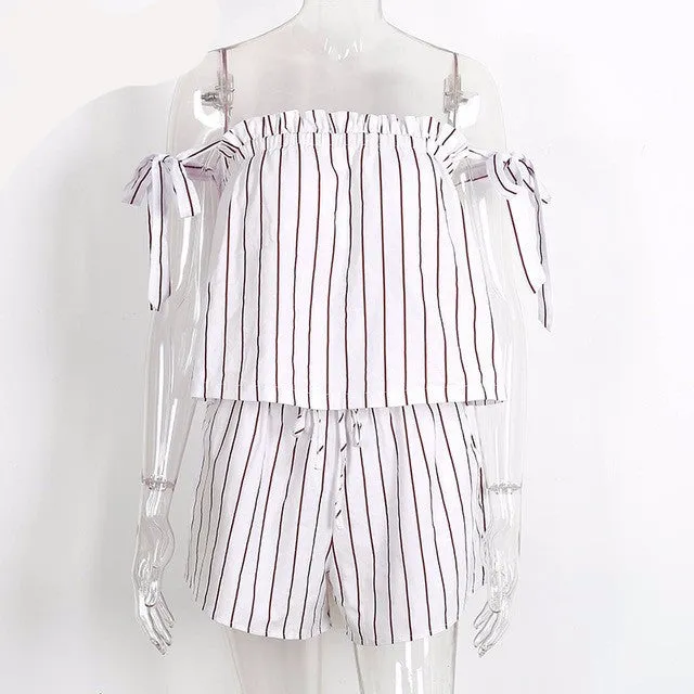 White bow stripe elegant jumpsuit romper Off shoulder two piece suit overalls Sexy summer beach playsuit women outfit